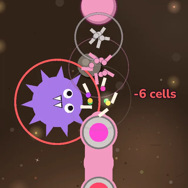 A big purple bug biting through the snake, six cells lost