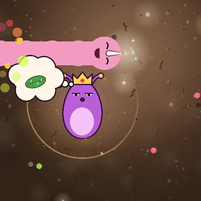 The snake arriving at the queen, its rainbow cells popping