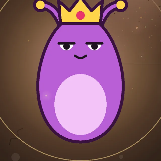 The queen, a purple egg with a crown, in her pool of warm light